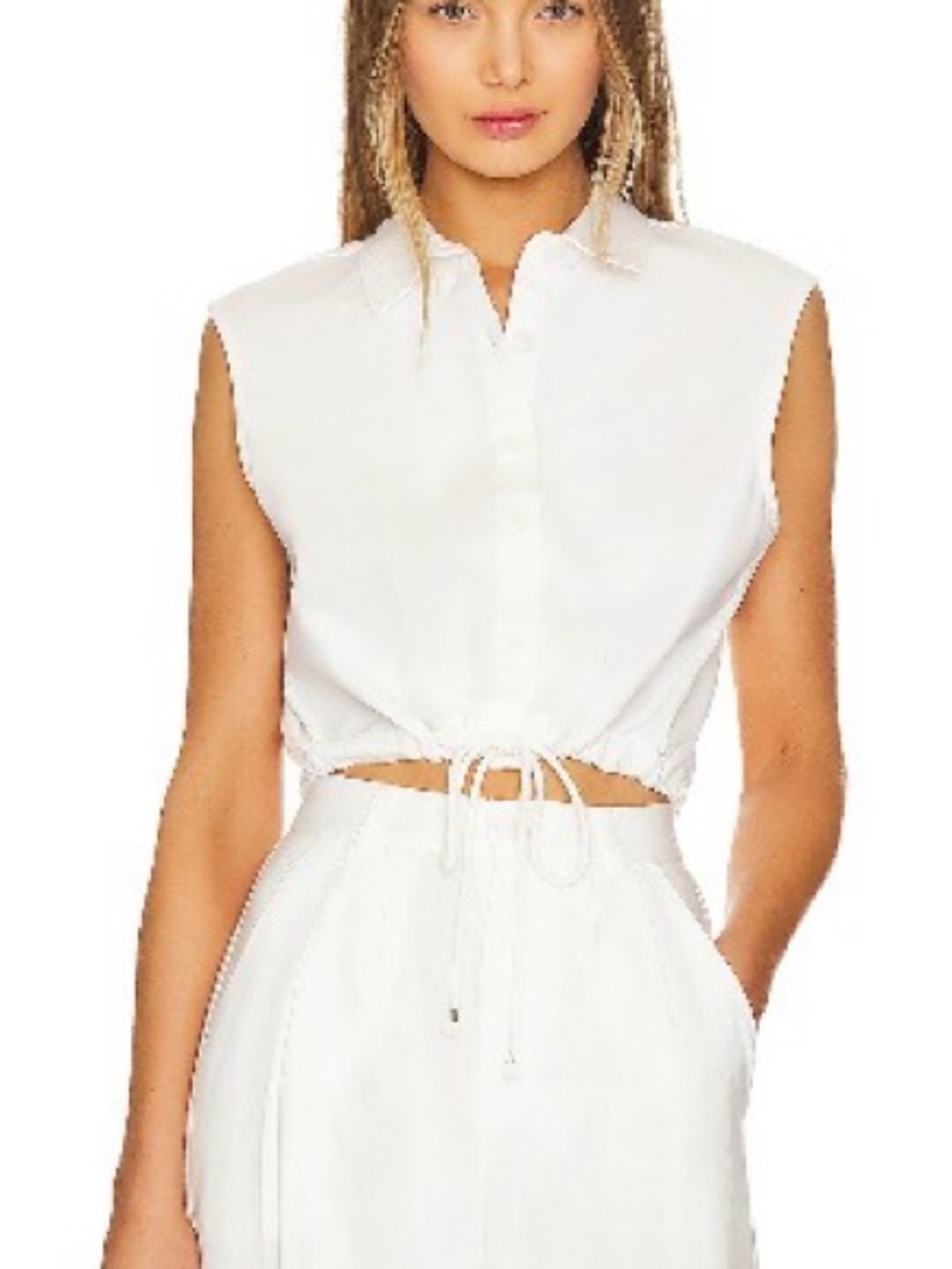 Sleeveless White Drawstring Crop Blouse